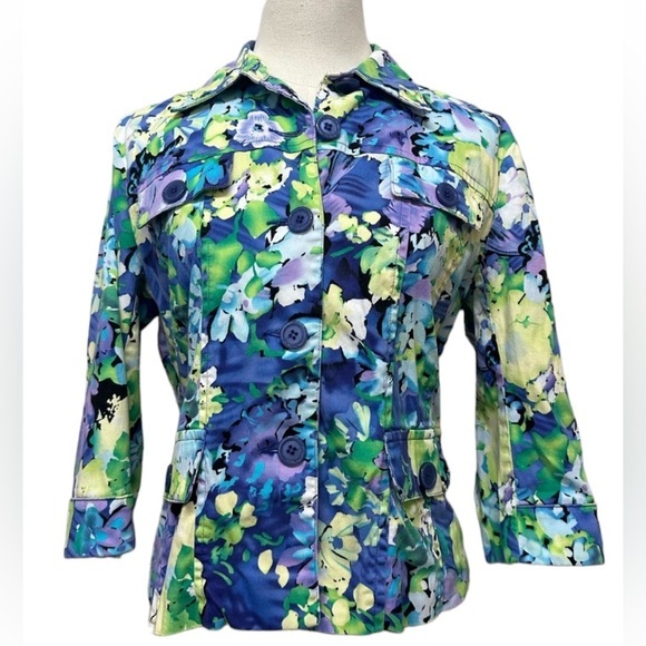 Erin London Woman's size Small (PS) Blue Floral Button Blazer Jacket (3001)‎ - Picture 1 of 9